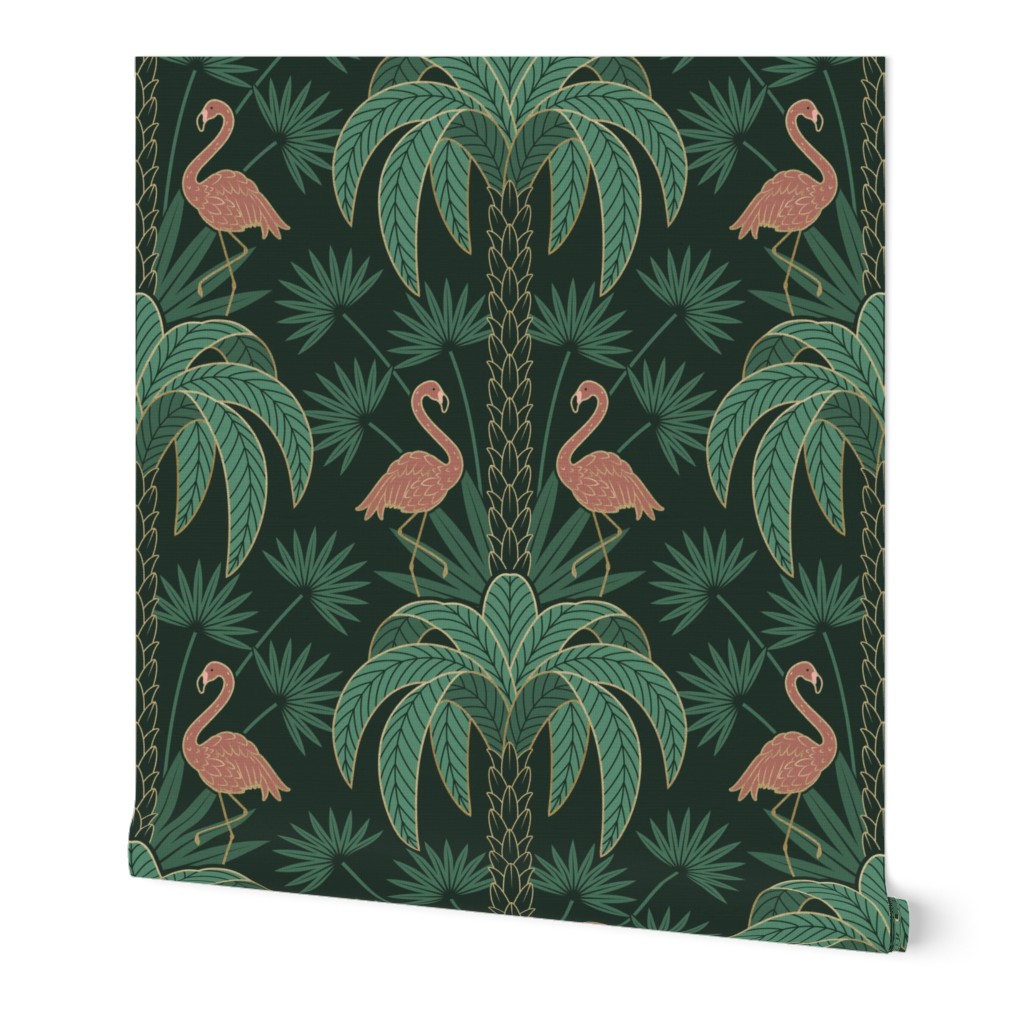 Palm Trees and Flamingo - Art Deco Tropical Damask - deep emerald green - faux gold foil - extra large scale