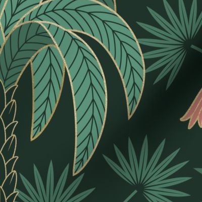 Palm Trees and Flamingo - Art Deco Tropical Damask - deep emerald green - faux gold foil - extra large scale