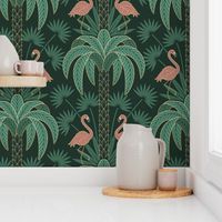 Palm Trees and Flamingo - Art Deco Tropical Damask - deep emerald green - faux gold foil - extra large scale