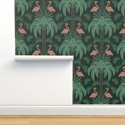 Palm Trees and Flamingo - Art Deco Tropical Damask - deep emerald green - faux gold foil - extra large scale