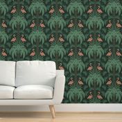 Palm Trees and Flamingo - Art Deco Tropical Damask - deep emerald green - faux gold foil - extra large scale