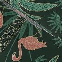 Palm Trees and Flamingo - Art Deco Tropical Damask - deep emerald green - faux gold foil - extra large scale