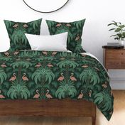 Palm Trees and Flamingo - Art Deco Tropical Damask - deep emerald green - faux gold foil - extra large scale