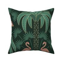 Palm Trees and Flamingo - Art Deco Tropical Damask - deep emerald green - faux gold foil - extra large scale