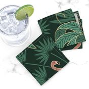 Palm Trees and Flamingo - Art Deco Tropical Damask - deep emerald green - faux gold foil - extra large scale