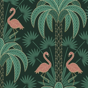 Palm Trees and Flamingo - Art Deco Tropical Damask - deep emerald green - faux gold foil - extra large scale