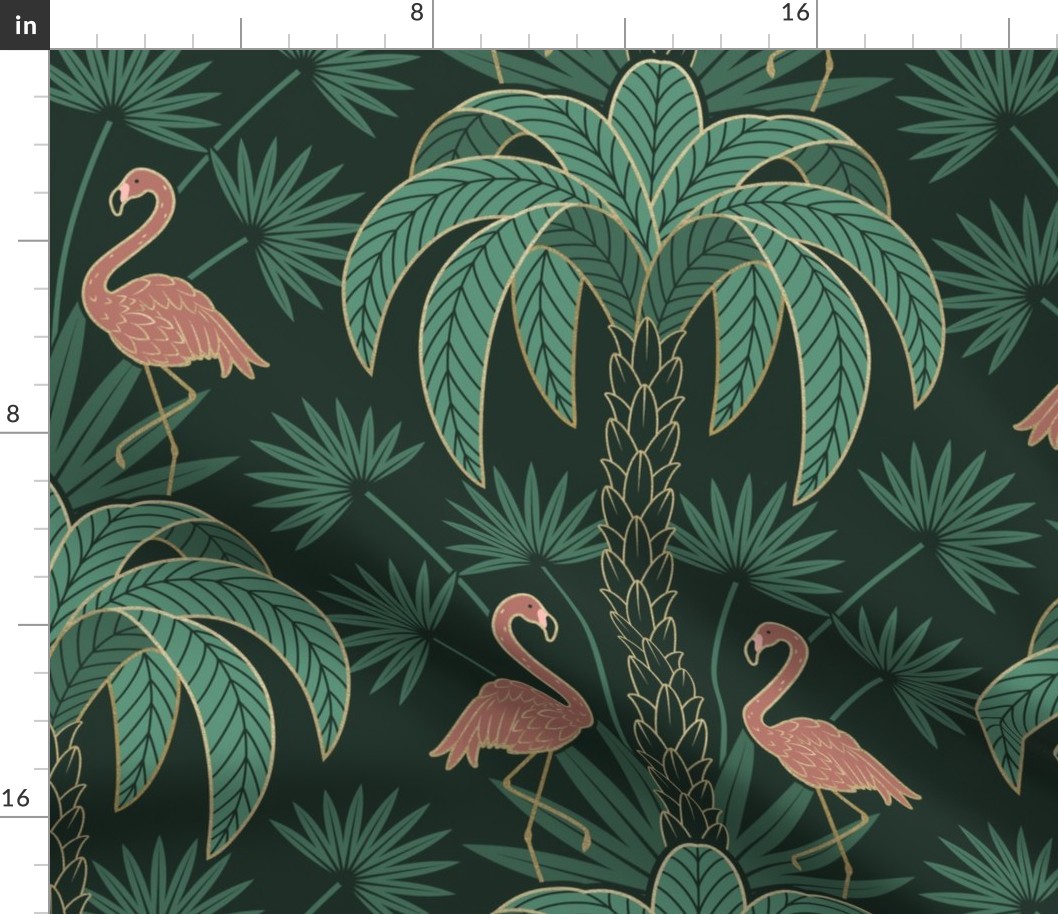 Palm Trees and Flamingo - Art Deco Tropical Damask - deep emerald green - faux gold foil - extra large scale