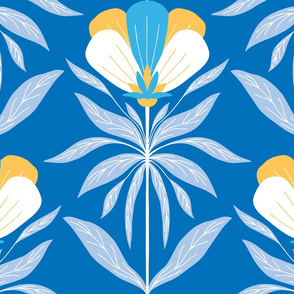 XXL Blue White Folk Art Floral Large Scale Wallpaper