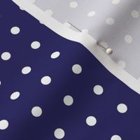 White on navy blue quarter inch polka dot