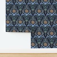 Moody Tropical flora  damask navy