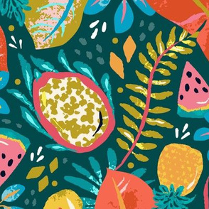 Moody Tropical Foliage + Fruit Wallpaper // Jungle Leaves and Juicy Melons //  © ZirkusDesign Monstera, Palm, Fern, Dragonfruit, Watermelon, Papaya, Pineapple, Banana Leaf