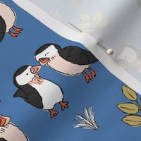 Little love birds puffins and leaves wild birds design for kids blue mustard 