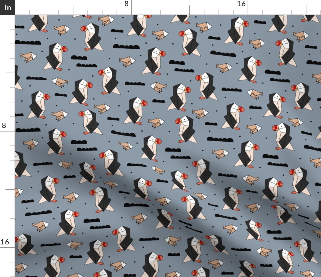 Geometric origami style puffin birds and fish winter kids design gray orange beige 