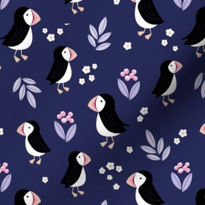 Wild flowers and puffins blossom garden iceland design adorable kids design navy blue purple pink lilac