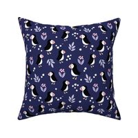 Wild flowers and puffins blossom garden iceland design adorable kids design navy blue purple pink lilac