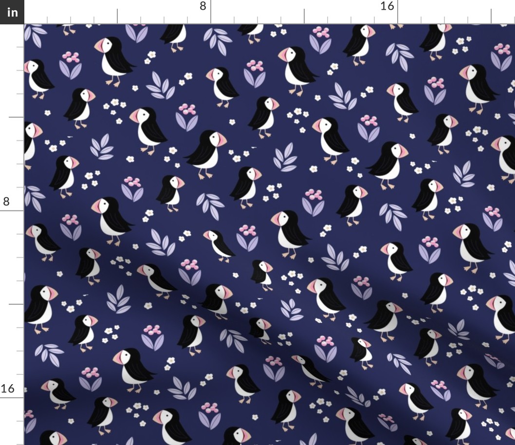 Wild flowers and puffins blossom garden iceland design adorable kids design navy blue purple pink lilac