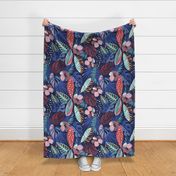 Large jumbo scale // Moody tropical night // oxford blue background spearmint papaya orange denim and electric blue leaves coral cotton candy pink and dry rose hibiscus flowers
