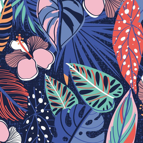 Large jumbo scale // Moody tropical night // oxford blue background spearmint papaya orange denim and electric blue leaves coral cotton candy pink and dry rose hibiscus flowers