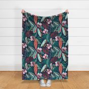 Moody tropical night // large jumbo scale // oxford blue background coral spearmint papaya orange jade and pine green leaves cotton candy pink and dry rose hibiscus flowers