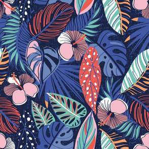 Normal scale // Moody tropical night // oxford blue background spearmint papaya orange denim and electric blue leaves coral cotton candy pink and dry rose hibiscus flowers