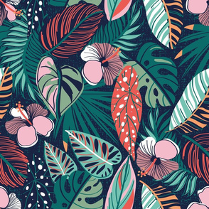 Normal scale // Moody tropical night // oxford blue background coral spearmint papaya orange jade and pine green leaves cotton candy pink and dry rose hibiscus flowers