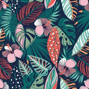 Small scale // Moody tropical night // oxford blue background coral spearmint papaya orange jade and pine green leaves cotton candy pink and dry rose hibiscus flowers