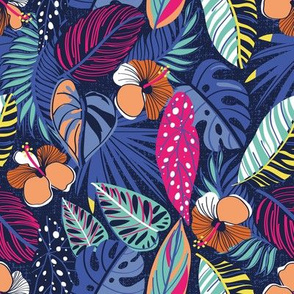 Small scale // Moody tropical night // oxford blue background coral cotton candy pink fuchsia pink spearmint sunny yellow denim and electric blue leaves papaya orange hibiscus flowers