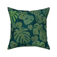 Monstera Leaves in Deep Jungle Green (xl scale) | Block printed jungle leaves, monstera deliciosa, tropical rainforest fabric, South American jungle leaves, dark botanical, large scale leaves.