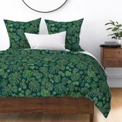 Monstera Leaves in Deep Jungle Green (xl scale) | Block printed jungle leaves, monstera deliciosa, tropical rainforest fabric, South American jungle leaves, dark botanical, large scale leaves.