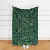 Monstera Leaves in Deep Jungle Green (xl scale) | Block printed jungle leaves, monstera deliciosa, tropical rainforest fabric, South American jungle leaves, dark botanical, large scale leaves.