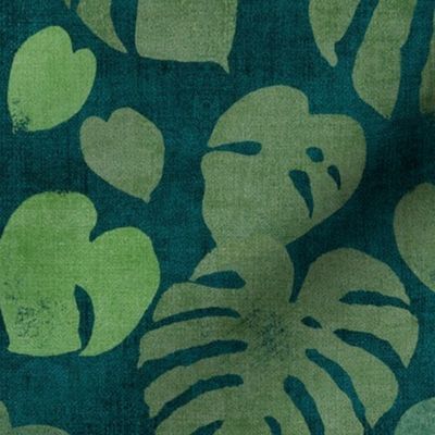 Monstera Leaves in Deep Jungle Green (xl scale) | Block printed jungle leaves, monstera deliciosa, tropical rainforest fabric, South American jungle leaves, dark botanical, large scale leaves.