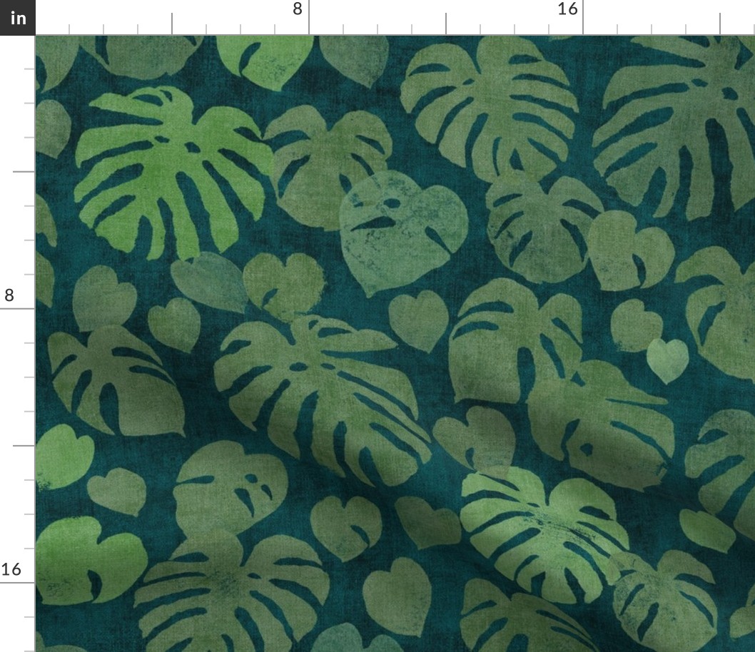 Monstera Leaves in Deep Jungle Green (xl scale) | Block printed jungle leaves, monstera deliciosa, tropical rainforest fabric, South American jungle leaves, dark botanical, large scale leaves.