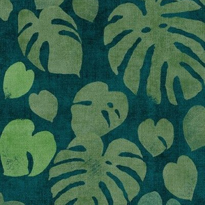 Monstera Leaves in Deep Jungle Green (large scale) | Block printed jungle leaves, monstera deliciosa, tropical rainforest fabric, South American jungle leaves, dark botanical, large scale leaves.