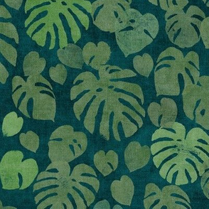 Monstera Leaves in Deep Jungle Green  | Block printed jungle leaves, monstera deliciosa, tropical rainforest fabric, South American jungle leaves, dark botanical.