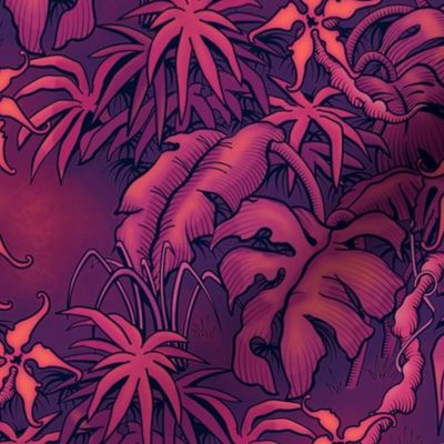 ★ MOODY JUNGLE ★ Monstera, Banana Leaves, Tropical flowers / Purple, Pink, Coral - Small Scale / Collection : Welcome to the Jungle – Wild Tropical Prints