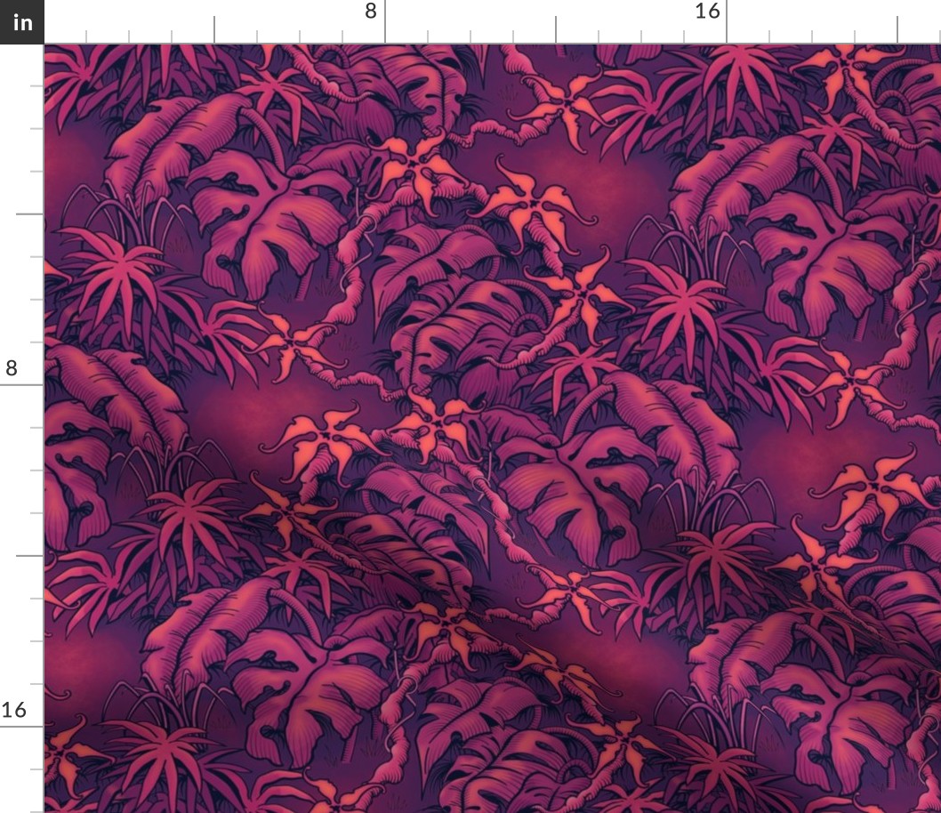 ★ MOODY JUNGLE ★ Monstera, Banana Leaves, Tropical flowers / Purple, Pink, Coral - Small Scale / Collection : Welcome to the Jungle – Wild Tropical Prints