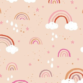 Messy summer rainbow dreams scandinavian vintage sky clouds stars and rain night nursery design blush pink girls