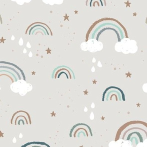 Messy summer rainbow dreams scandinavian vintage sky clouds stars and rain night nursery design gray beige neutral