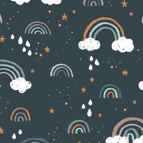 Messy summer rainbow dreams scandinavian vintage sky clouds stars and rain night nursery design navy blue gray gold camel