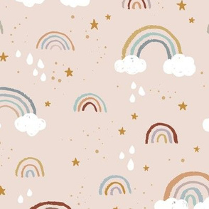 Messy summer rainbow dreams scandinavian vintage sky clouds stars and rain night nursery design blush gold sienna neutral