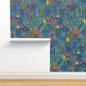 Tropical Night- Blue Green- Wallpaper- Home Decor- Hawaii- Moody Floral- Novelty- Monstera Leaves- Tropical Houseplants- Lush Garden