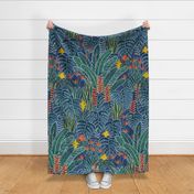 Tropical Night- Blue Green- Wallpaper- Home Decor- Hawaii- Moody Floral- Novelty- Monstera Leaves- Tropical Houseplants- Lush Garden