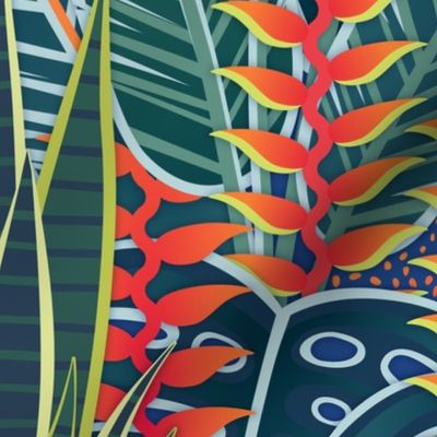 Tropical Night- Blue Green- Wallpaper- Home Decor- Hawaii- Moody Floral- Novelty- Monstera Leaves- Tropical Houseplants- Lush Garden