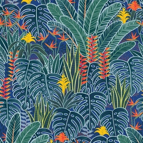 Tropical Night- Blue Green- Wallpaper- Home Decor- Hawaii- Moody Floral- Novelty- Monstera Leaves- Tropical Houseplants- Lush Garden