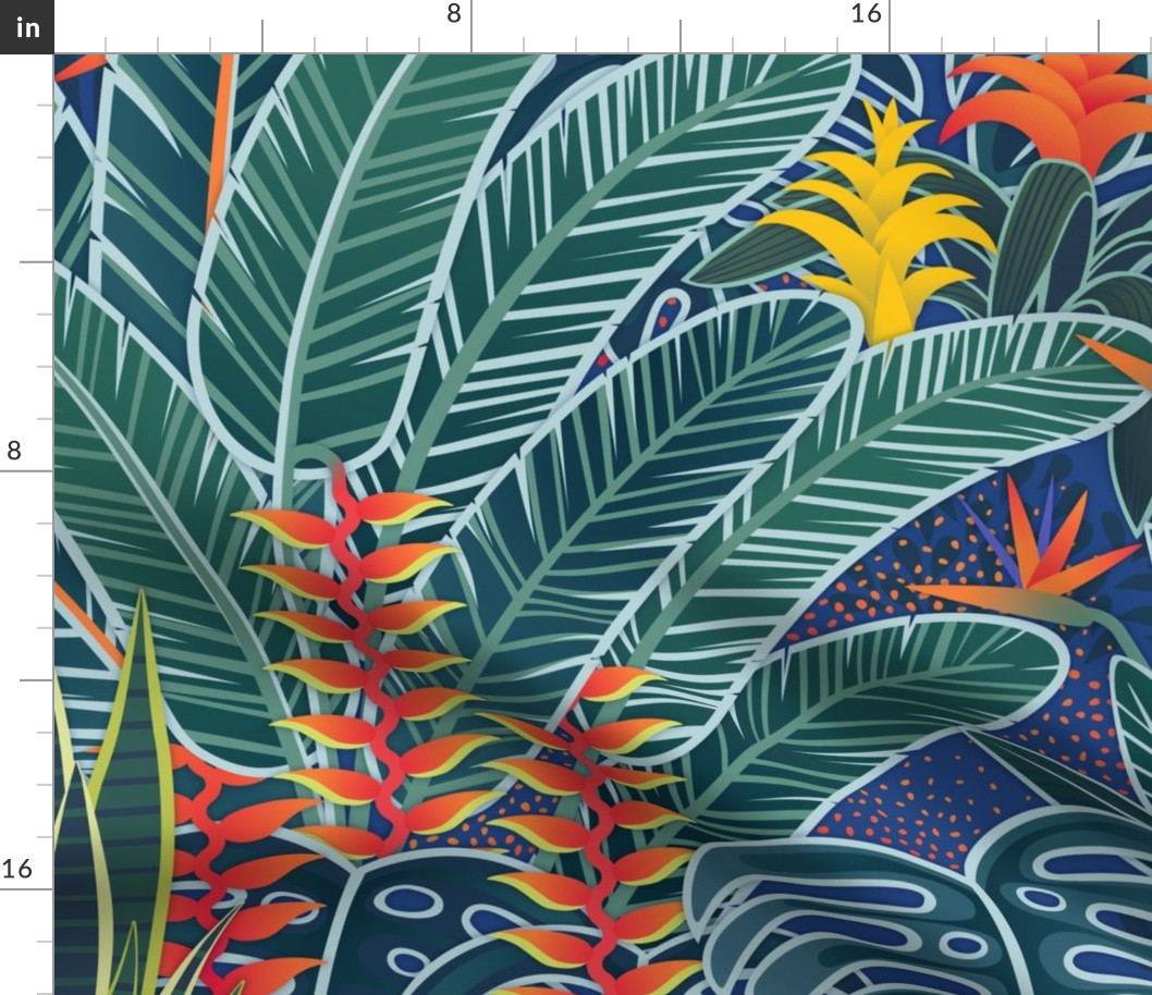 Tropical Night- Blue Green- Wallpaper- Home Decor- Hawaii- Moody Floral- Novelty- Monstera Leaves- Tropical Houseplants- Lush Garden