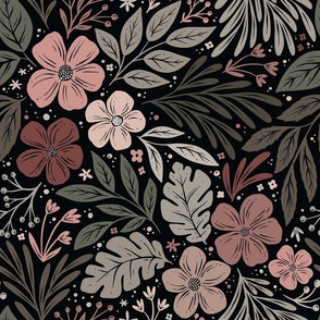 Dark and Moody Floral - blush pink and sage green on black - medium large scale