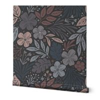 Dark and Moody Floral - blue, purple, pink - medium large scale