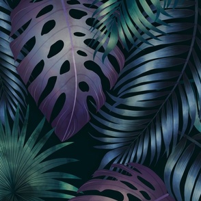 Moody green, purple and blue tropical leaves in the moonlight - Jumbo