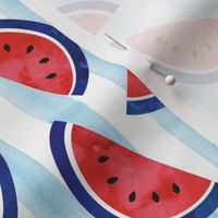 (3" scale) watercolor watermelon on blue stripes - red white and blue - July 4th fabric (90) C21