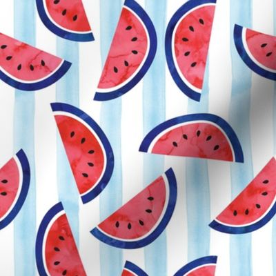 (3" scale) watercolor watermelon on blue stripes - red white and blue - July 4th fabric (90) C21